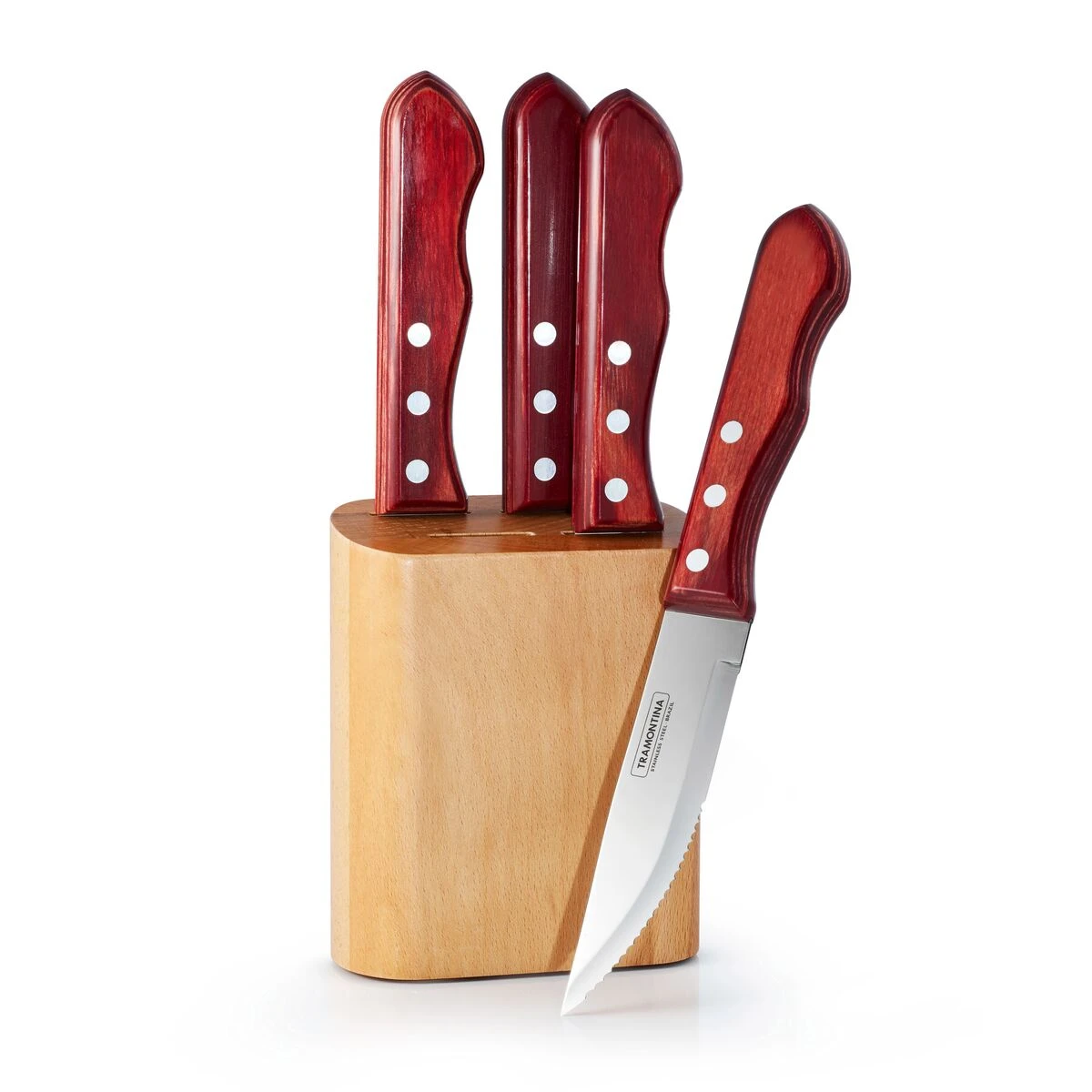Tramontina Porterhouse 5 Pc Steak Knife Set - Pointed - W/Hardwood Counter Block 4 Tramontina Porterhouse 5 Pc Steak Knife Set - Pointed - W/Hardwood Counter Block - Image 2