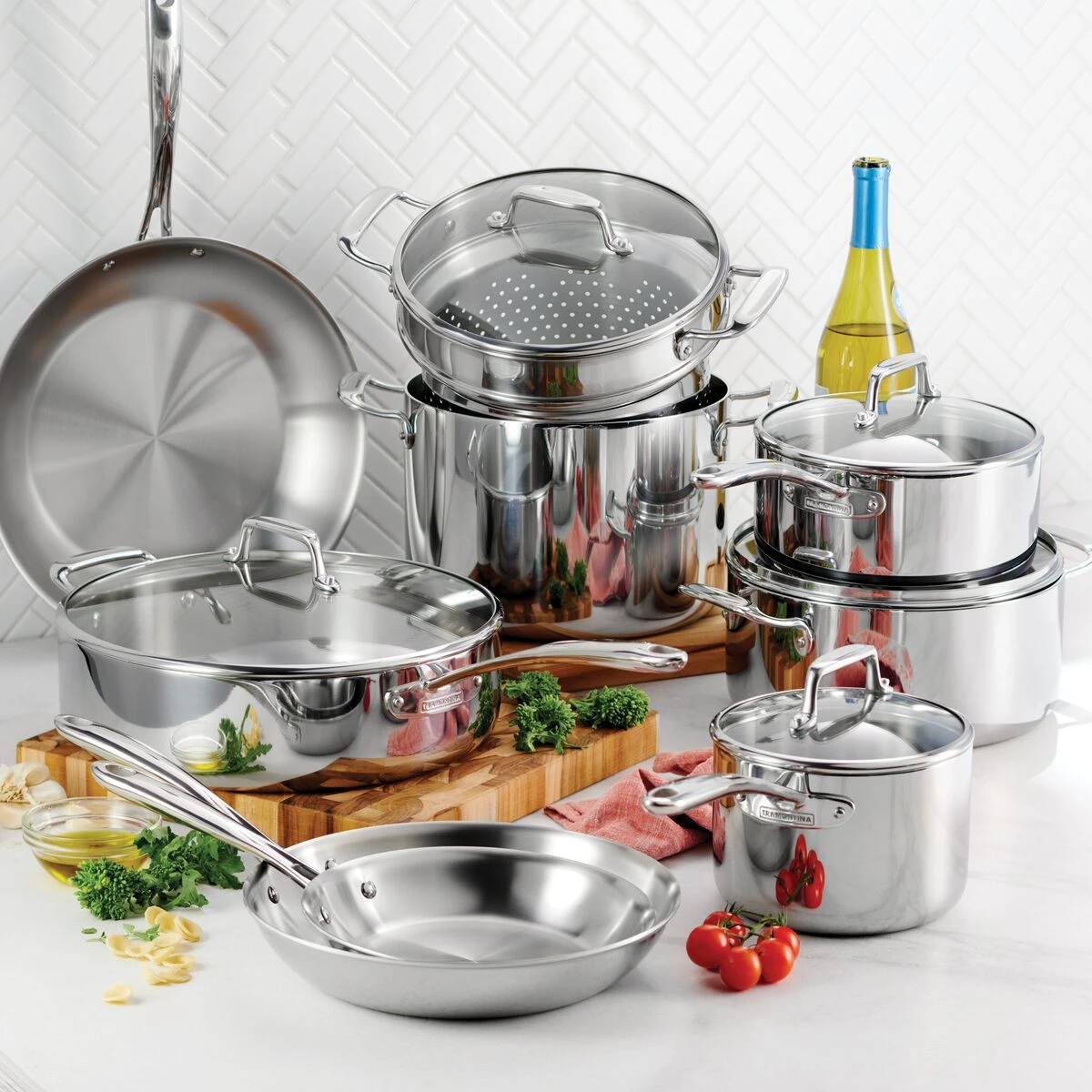 Tramontina Tri-Ply Clad 14 Pc Stainless Steel Cookware Set With Glass Lids 3 Tramontina Tri-Ply Clad 14 Pc Stainless Steel Cookware Set With Glass Lids